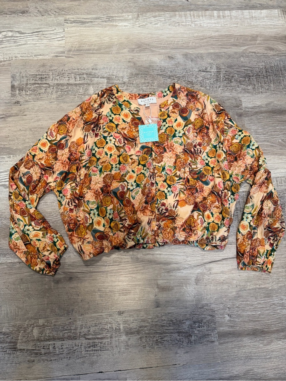 Hayden Floral Fruit Print Earth Tones Button Front Bubble Hem Long Sleeve Top